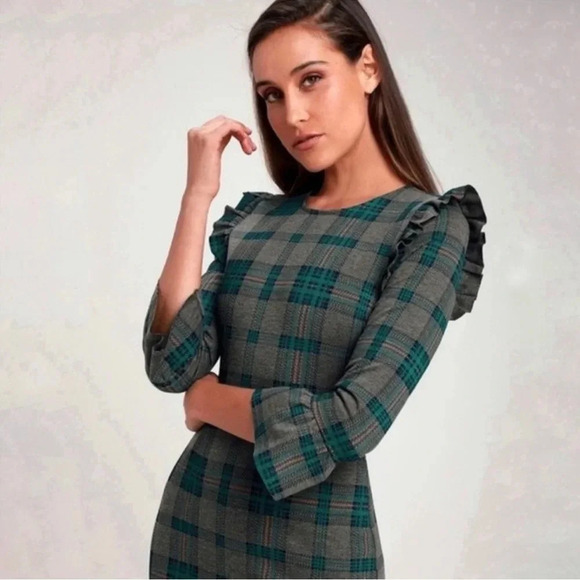 J.O.A. Roseanna Grey/Teal Plaid Flounce Sleeve Mini Short Dress Twee Ruffles - Picture 2 of 13